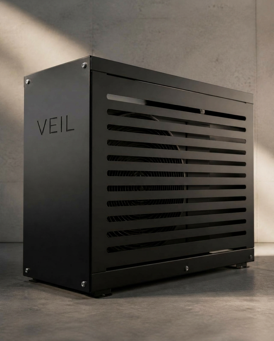 Matte black VEIL mini-split cover, front three-quarter view