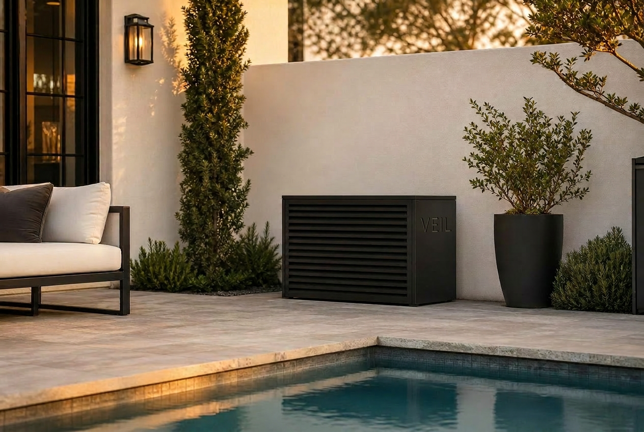 Luxury pool house exterior with a discreet architectural cover